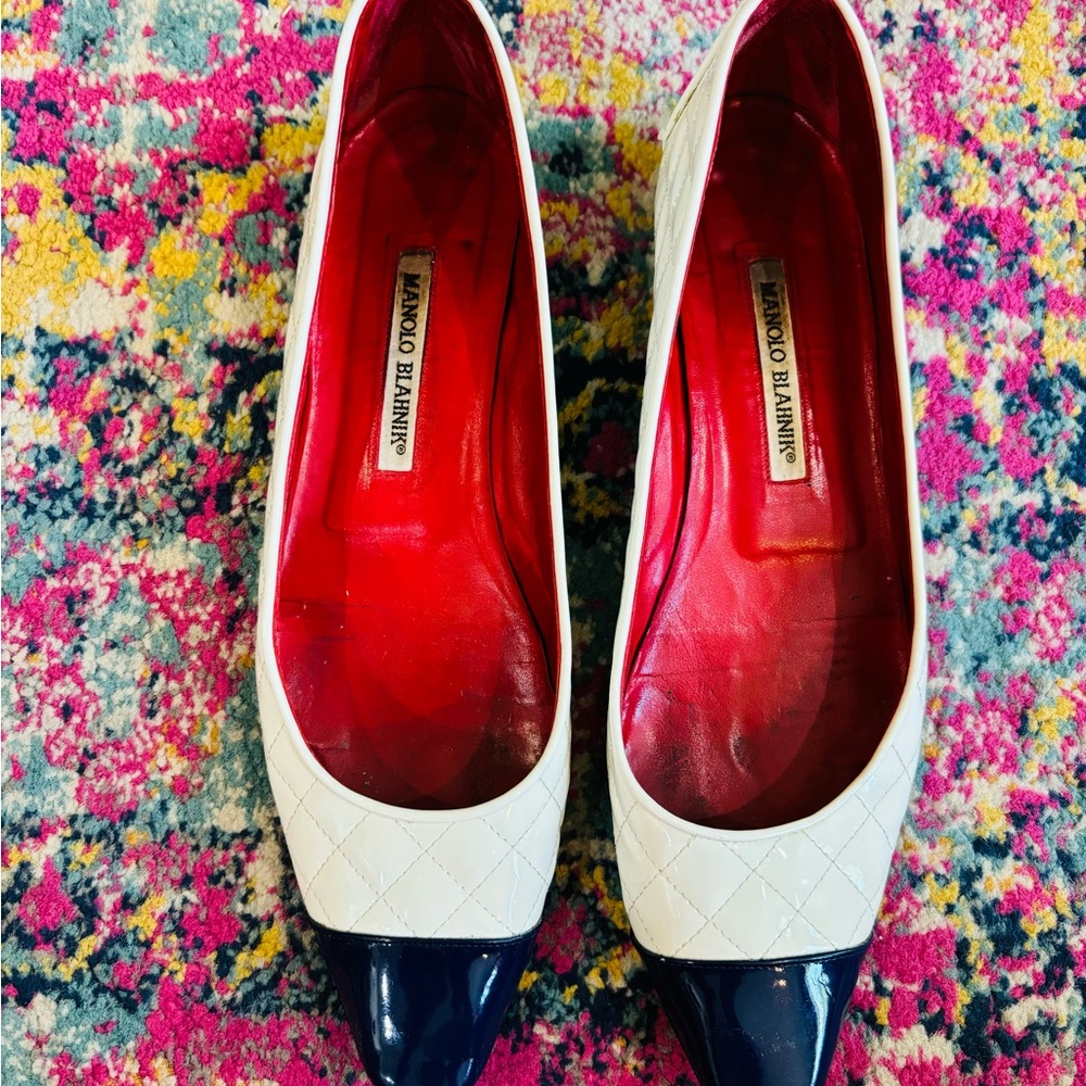 Manolo Blahnik Patent Leather Block Pattern Ballet Flats